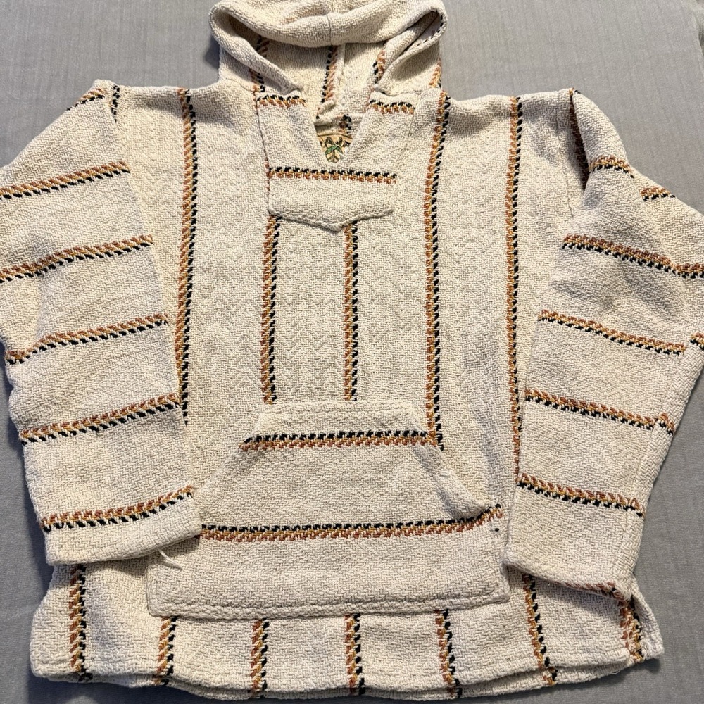 Vintage Baja Joe Drug Rug Hoodie Pullover Mexican Blanket Sweater Large Boho